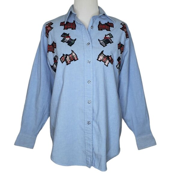 Vintage Scottie Dog Embroidered Womens Shirt Size Medium Long Sleeves Blue - Picture 1 of 7